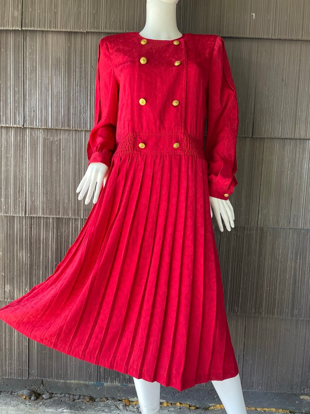 🔥80s Leslie Fay Red Floral Satin Jacquard Pleated Midi Dress Preppy Secretary